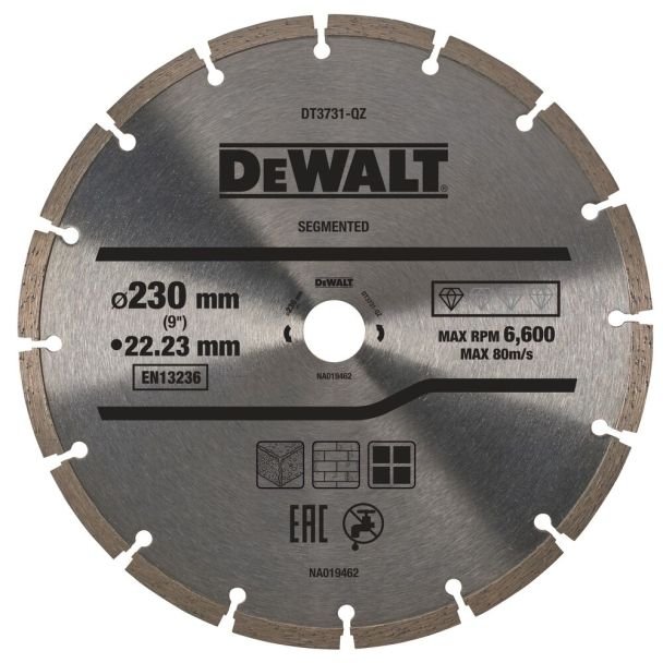 Disc diamantat segmentat DeWalt DT3731 Ø230×22.23×2.4 mm pentru beton și piatră