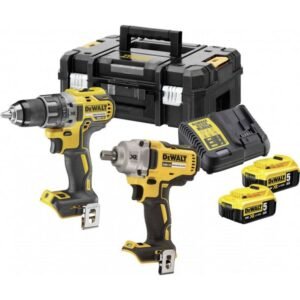 Set combo DeWalt DCK2077P2T – Mașină de găurit cu motor fără perii DCD791 + Mașină de înșurubat cu impact cu motor fără perii DCF894, 2x acumulatori Li‑Ion 18V 5Ah, încărcător