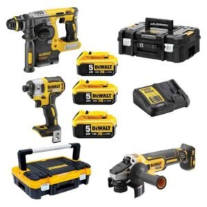 Set combo DeWalt DCK305P3T - Mașină de înșurubat cu impact DCF887, Ciocan rotopercutor DCH273, Polizor unghiular DCG405, 3x acumulatori XR 18V 5.0Ah, încărcător, 2 cutii de...