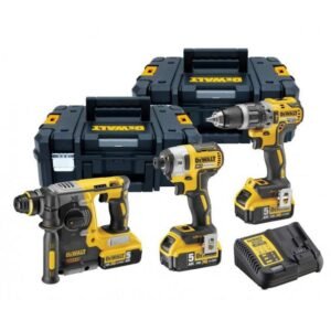 Set combo DeWalt DCK368P3T — ciocan rotopercutor DCH273, mașină compactă de găurit cu percuție DCD796, șurubelniță cu impact DCF887, 3x acumulatori Li-Ion 18V 5.0Ah + încărcător