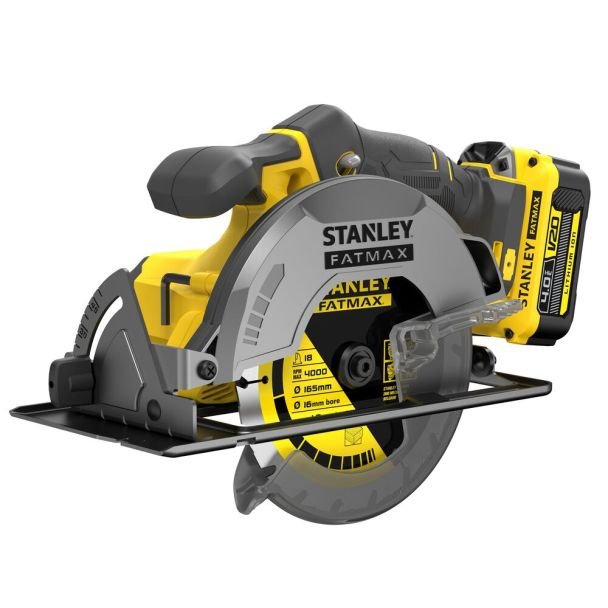 Stanley, Fierăstrău circular de mână Stanley FatMax V20 SFMCS500M2K, disc 165 mm, 2 acumulatori 18 V/4,0 Ah, încărcător și valiză transport