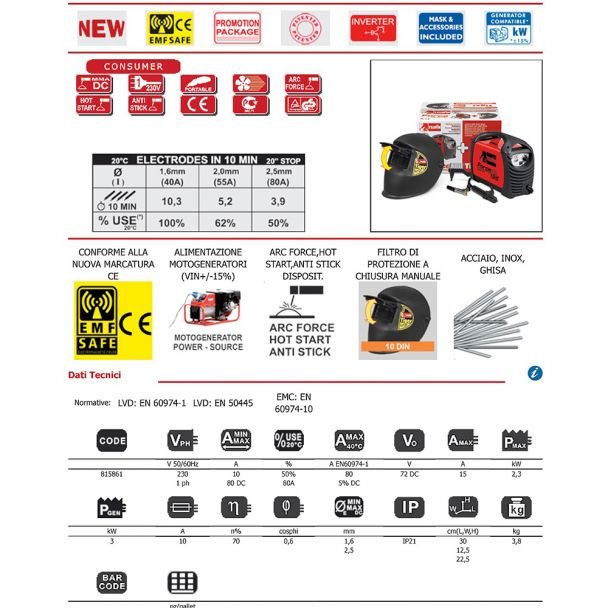 Telwin, Invertor sudură MMA Telwin FORCE125ACDM | 80 A, electrozi 1.6–2.5 mm | mască TIGER inclusă | accesorii incluse | portabil, pentru uz casnic și profesional