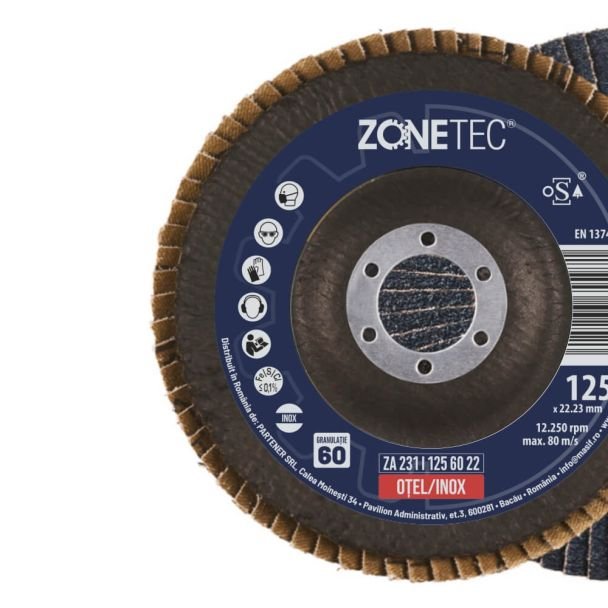 Zonetec, Disc lamelar premium Zonetec ZA231I1256022, 125 x 22.23 mm, granulație 60 — pentru șlefuire oțel și inox