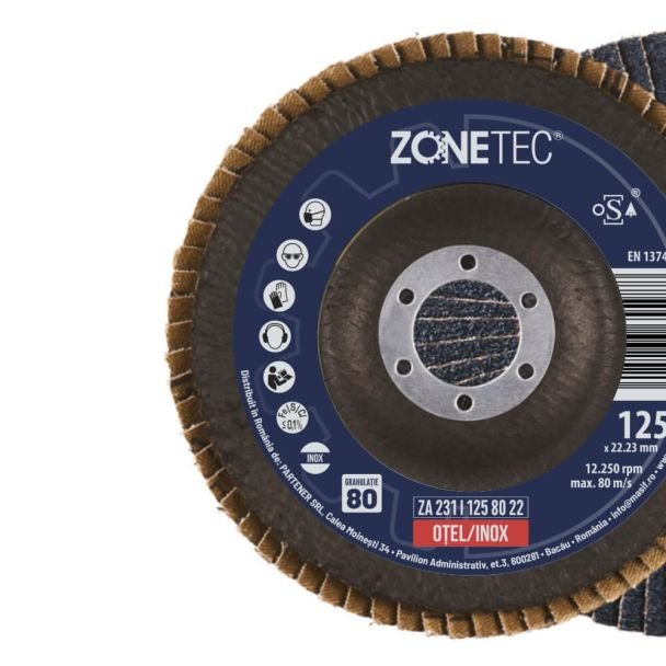 Zonetec, Disc lamelar premium Zonetec - ZA231I1258022 - pentru șlefuire oțel și inox - 125 x 22,23 mm - granulație 80