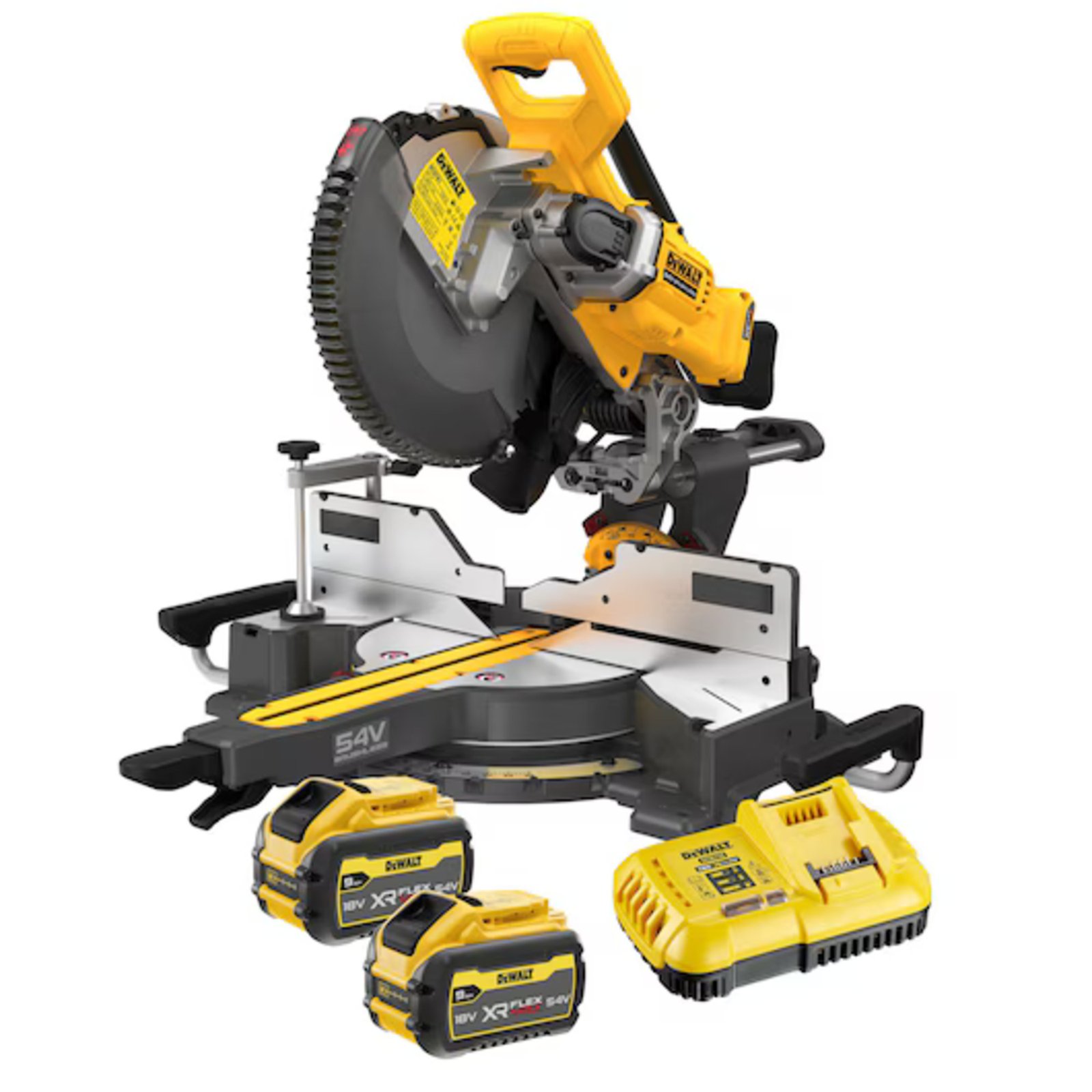 Fierăstrău DeWALT pentru tăieri înclinate 54 V, 2 x 9 Ah FlexVolt acumulatori + încărcător