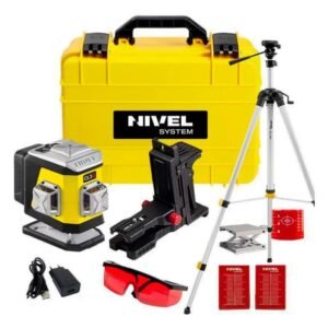Set nivelă laser linii 3×360° Nivel System CL3R SET SJJM1EX, fascicul roșu, 30/70 m, acumulator 3,7 V, geantă de transport, trepied 1,82 m
