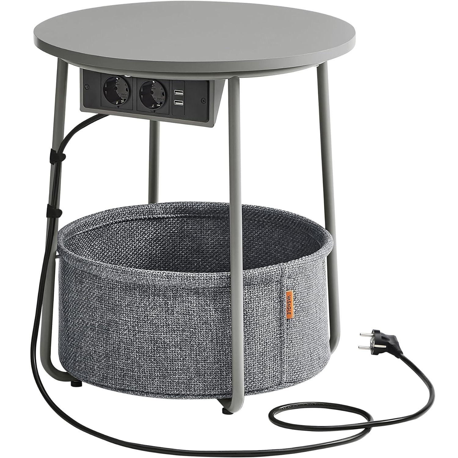 Măsuță de cafea rotundă Vasagle cu coș din stofă, 2 prize și 2 porturi USB – 45 × 50 cm, gri argintiu