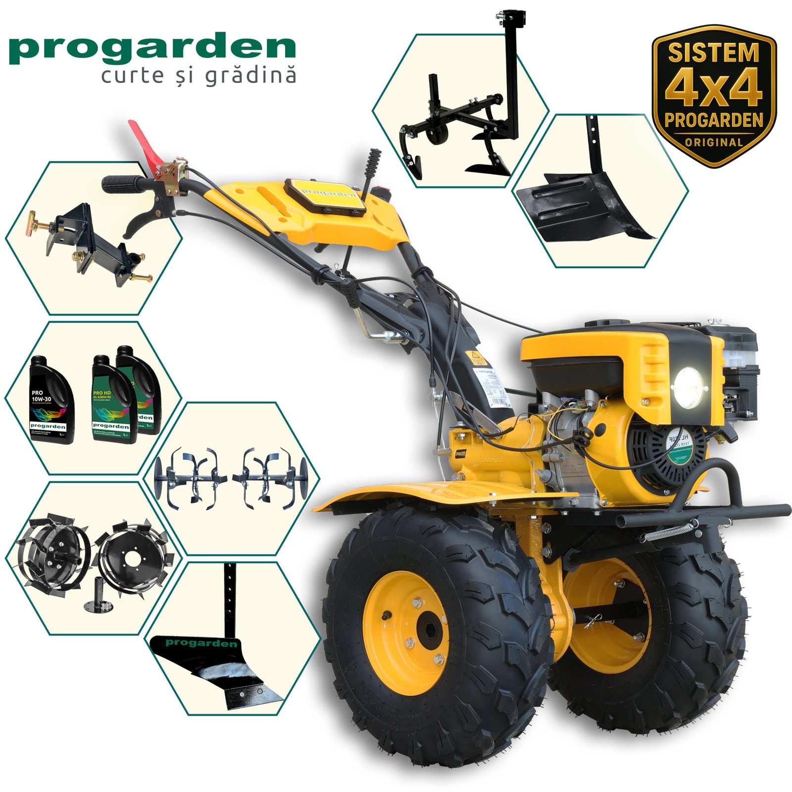 Pachet motocultor Progarden Campo 873 Alpine PAC873B – 7 CP, prășitoare, pluguri, roți metalice