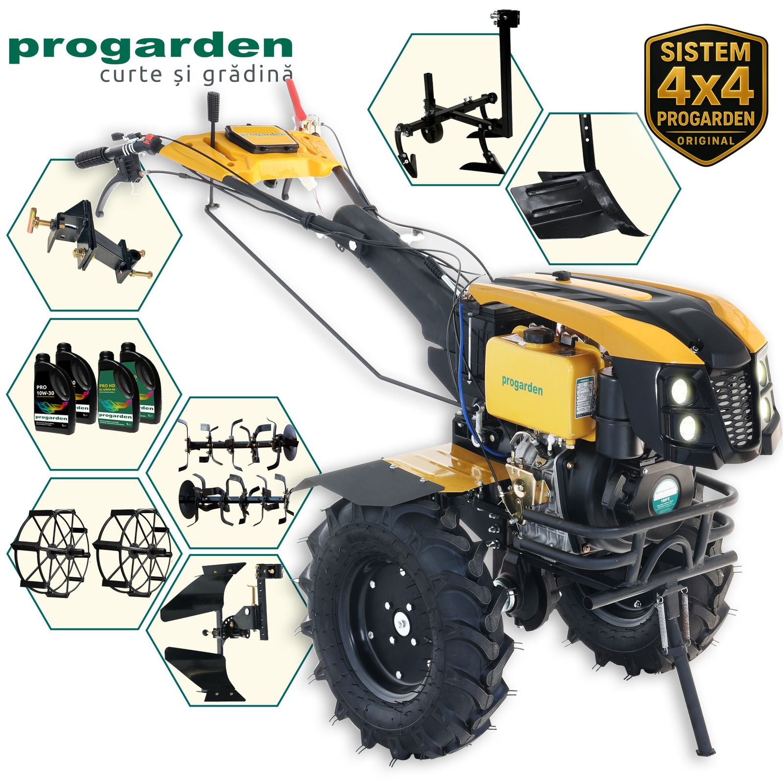 Pachet motocultor Progarden Campo 1273 Alpine V2 PAC1273B – 12 CP diesel, pluguri, prășitoare, roți metalice