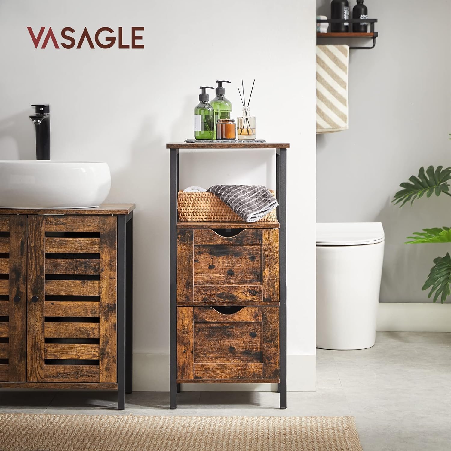 Noptieră înaltă Vasagle cu 2 sertare reglabile – 37 × 30 × 80 cm, maro rustic - imagine 2