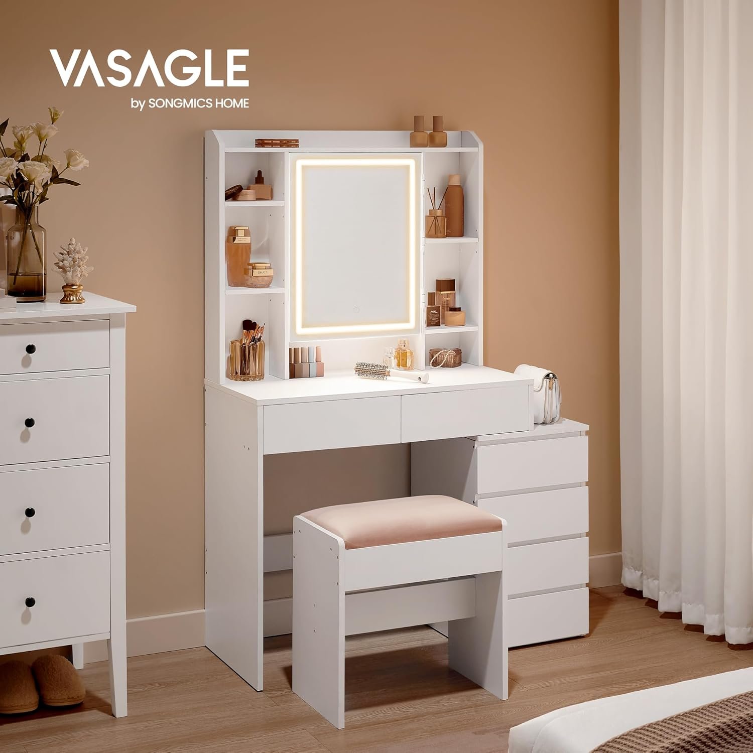 Masă de toaletă Vasagle RDT125W01 cu taburet și oglindă – iluminare LED reglabilă, 6 sertare, alb - imagine 3