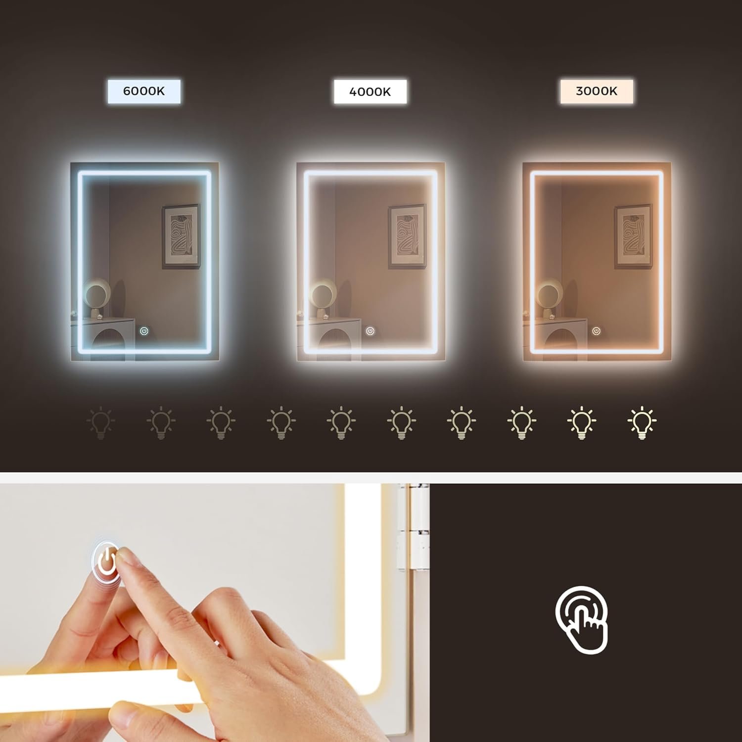 Masă de toaletă Vasagle RDT125W01 cu taburet și oglindă – iluminare LED reglabilă, 6 sertare, alb - imagine 4