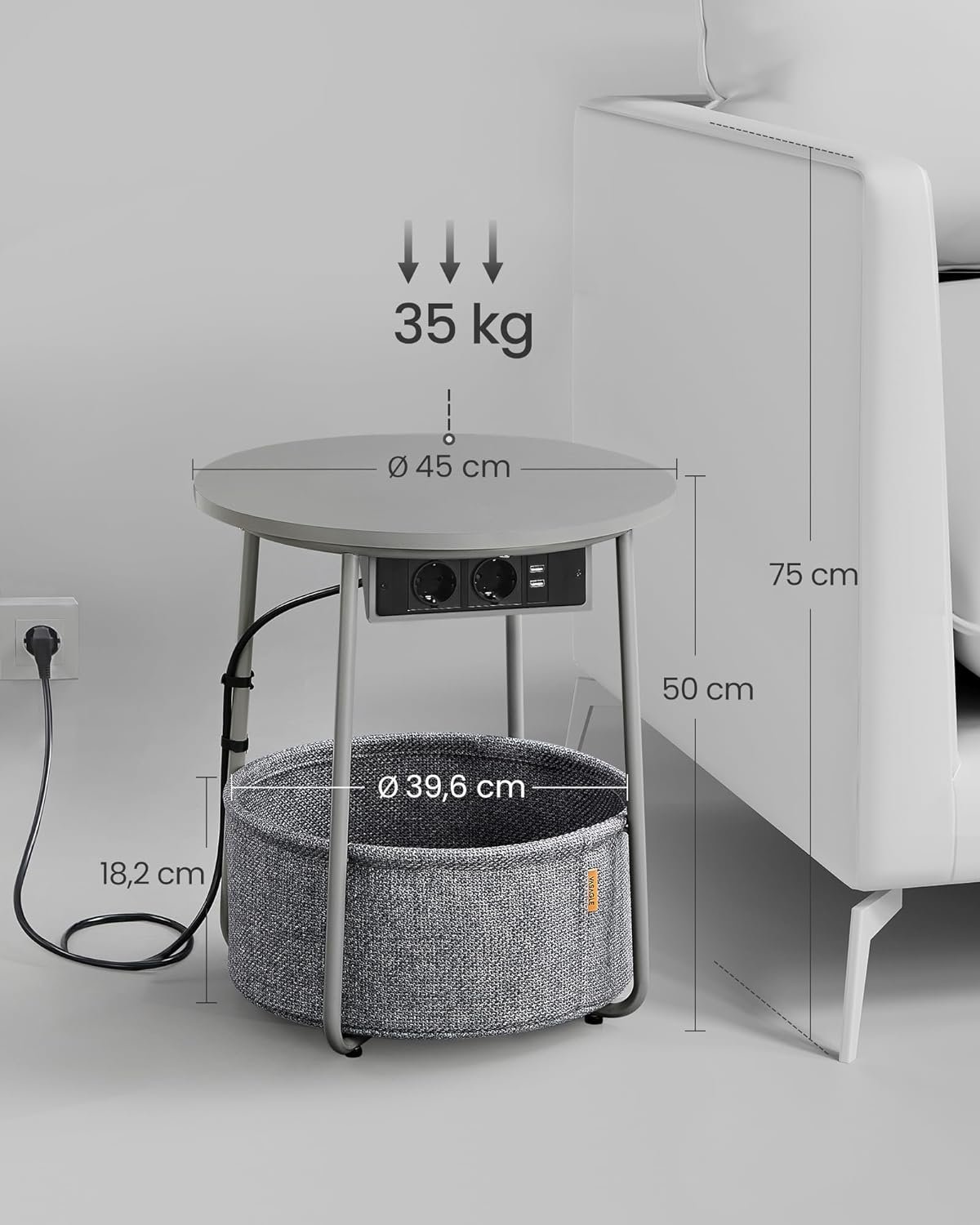 Măsuță de cafea rotundă Vasagle cu coș din stofă, 2 prize și 2 porturi USB – 45 × 50 cm, gri argintiu - imagine 3