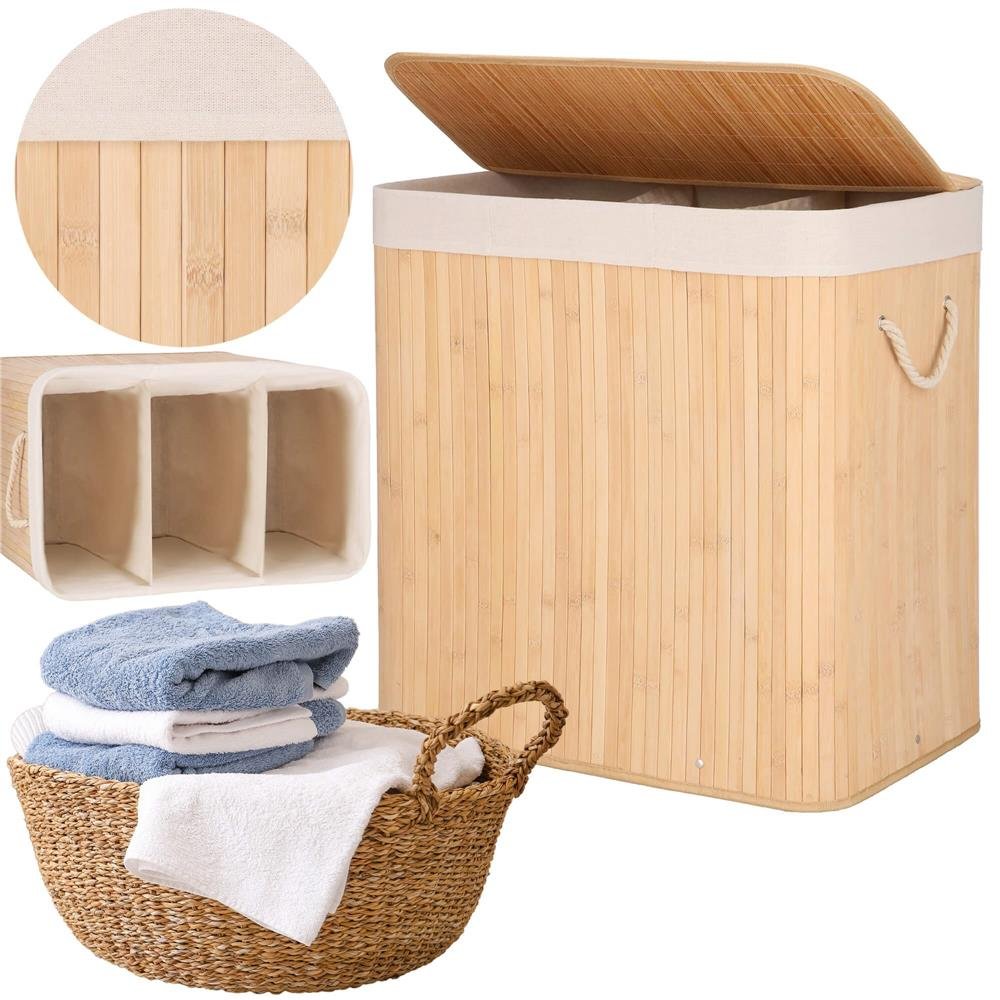 Coș de rufe din bambus cu sac detașabil lavabil – 150 L, 3 compartimente, maro - imagine 2