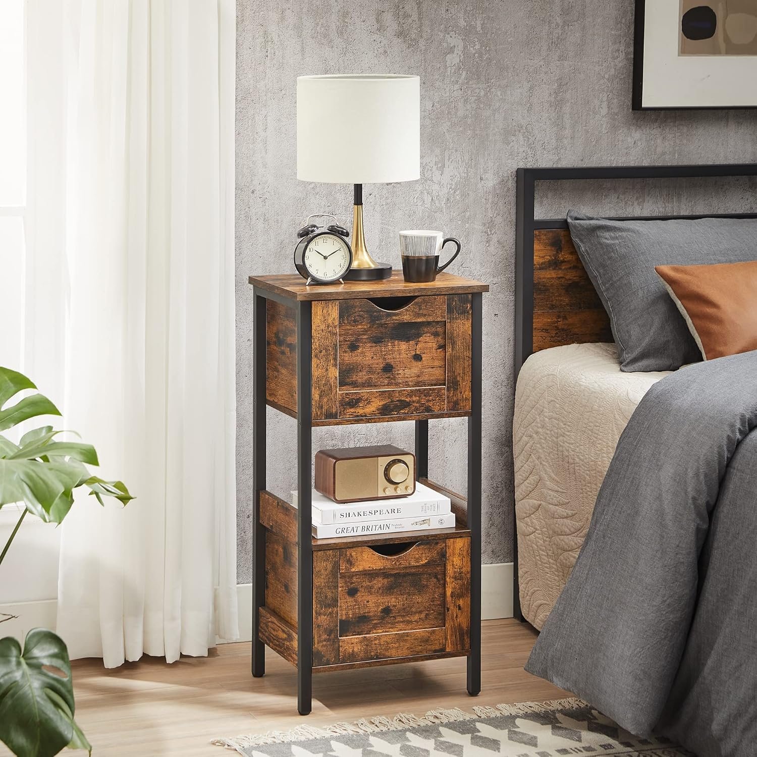 Noptieră înaltă Vasagle cu 2 sertare reglabile – 37 × 30 × 80 cm, maro rustic - imagine 3