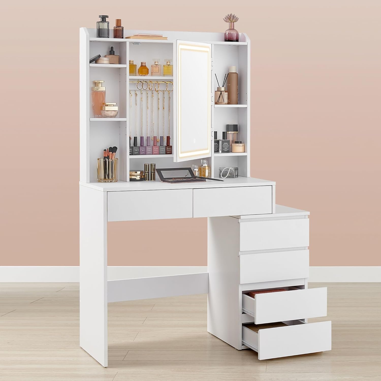 Masă de toaletă Vasagle RDT125W01 cu taburet și oglindă – iluminare LED reglabilă, 6 sertare, alb - imagine 5