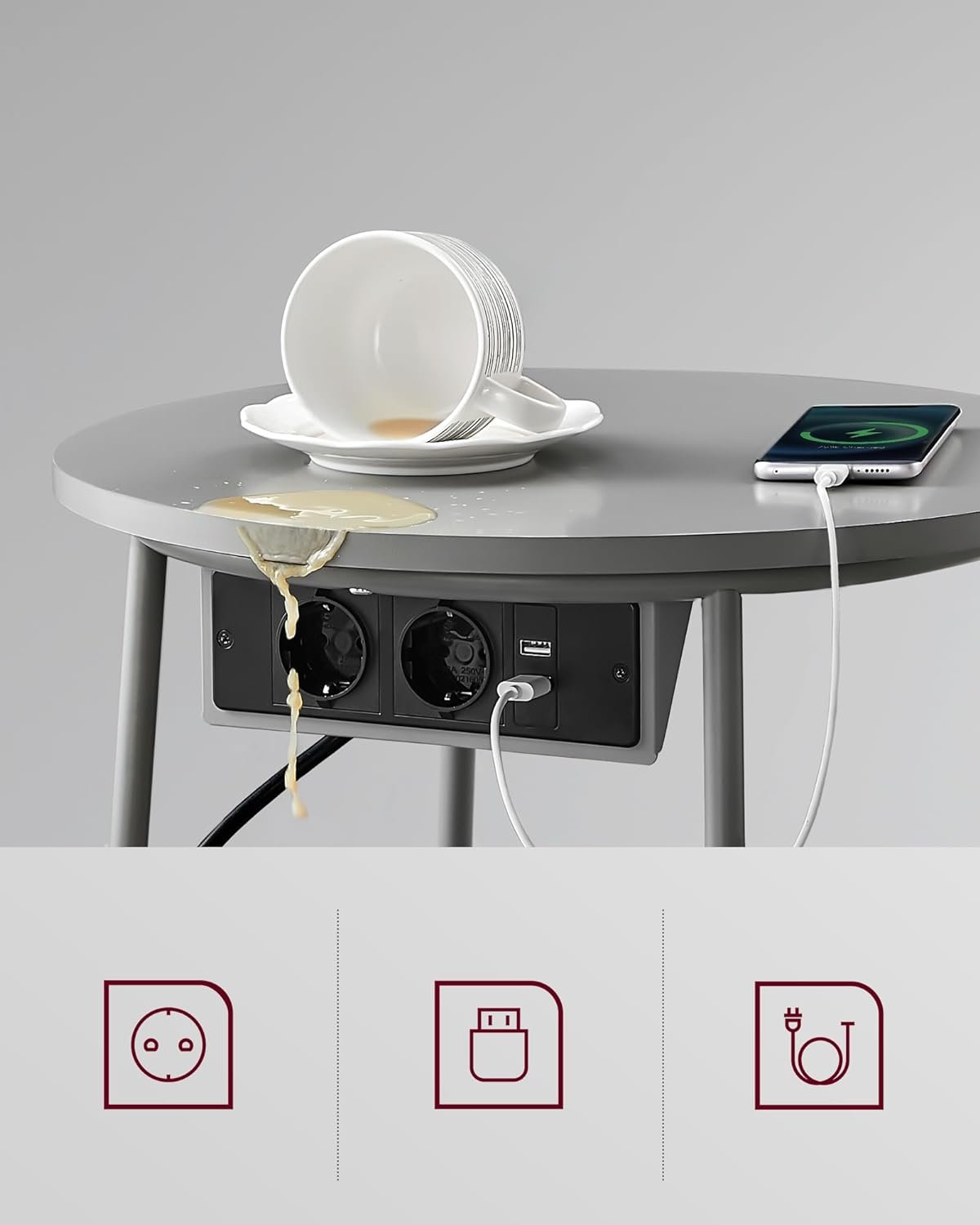 Măsuță de cafea rotundă Vasagle cu coș din stofă, 2 prize și 2 porturi USB – 45 × 50 cm, gri argintiu - imagine 4