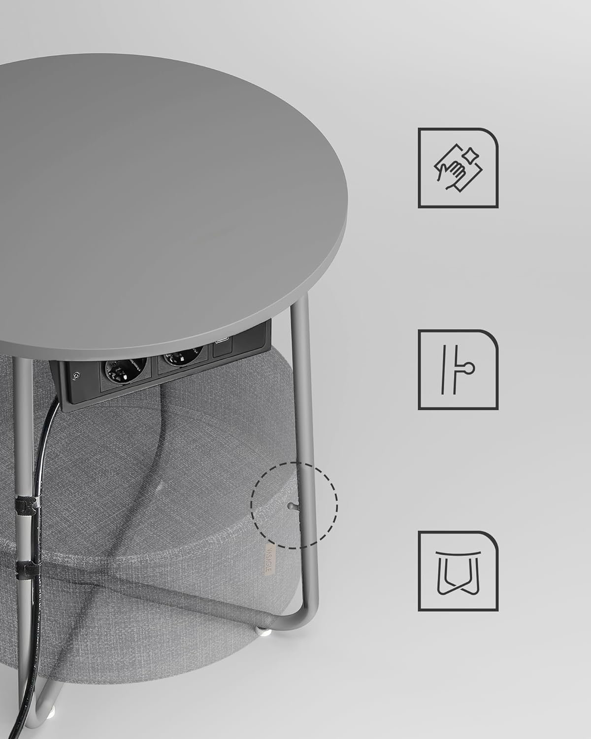 Măsuță de cafea rotundă Vasagle cu coș din stofă, 2 prize și 2 porturi USB – 45 × 50 cm, gri argintiu - imagine 5