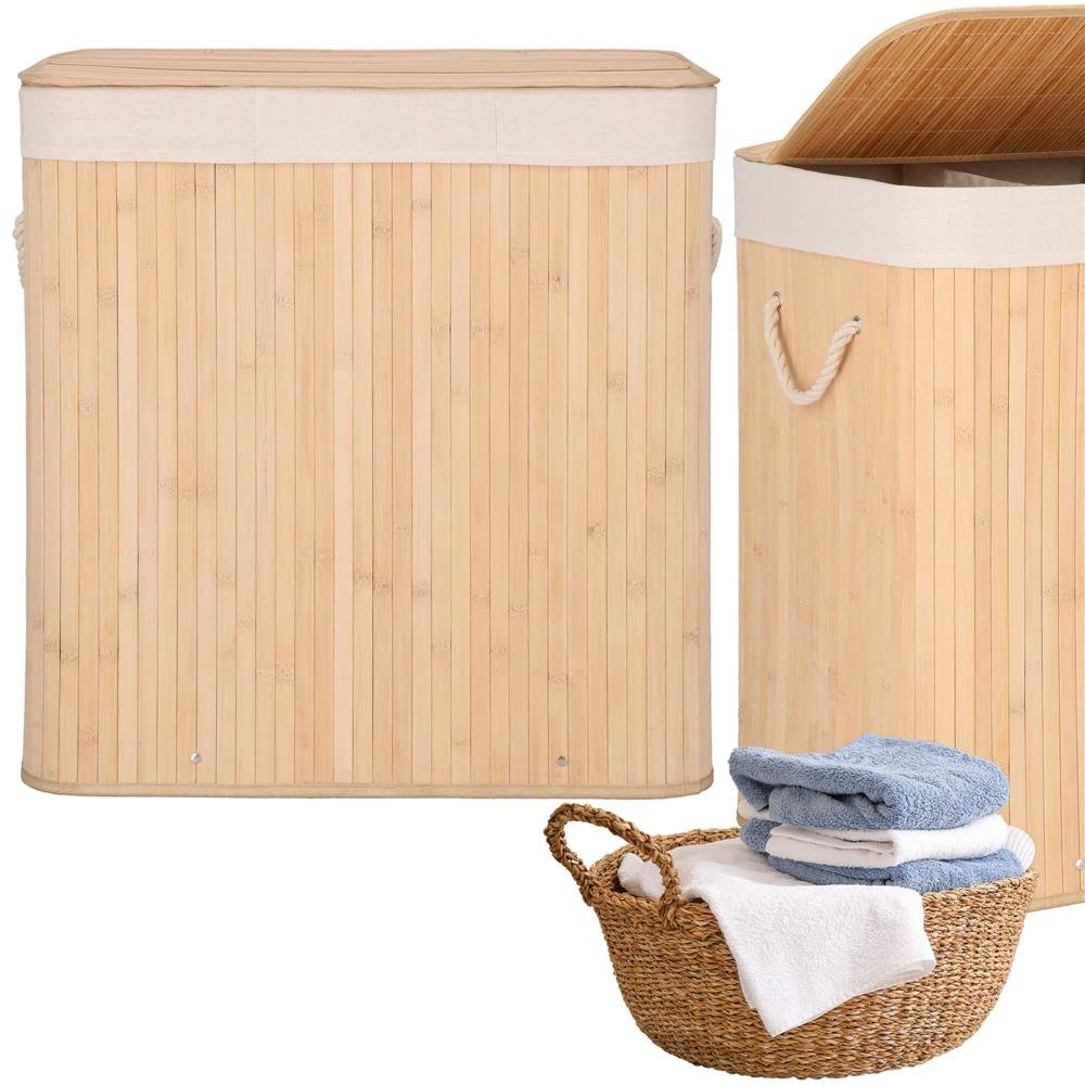 Coș de rufe din bambus cu sac detașabil lavabil – 150 L, 3 compartimente, maro - imagine 4