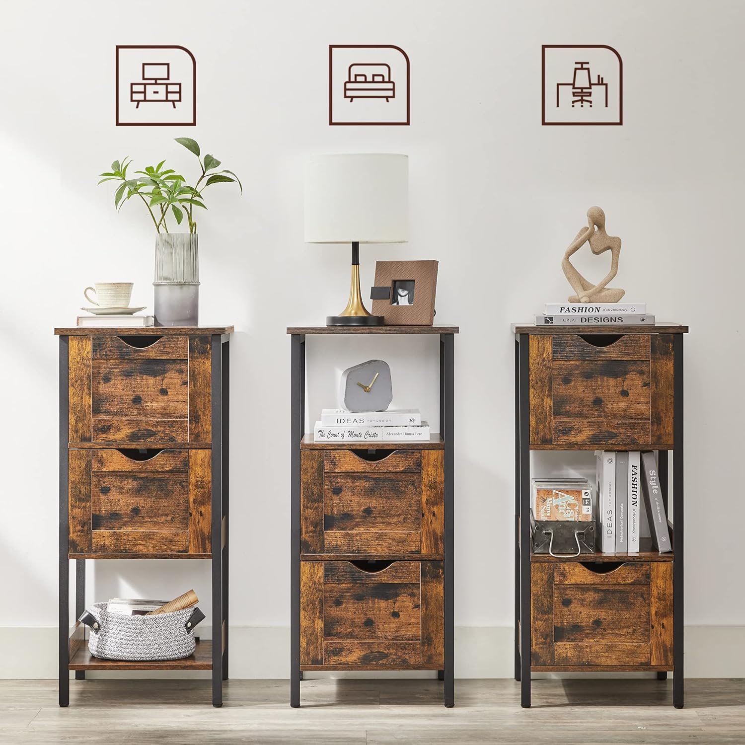 Noptieră înaltă Vasagle cu 2 sertare reglabile – 37 × 30 × 80 cm, maro rustic - imagine 5