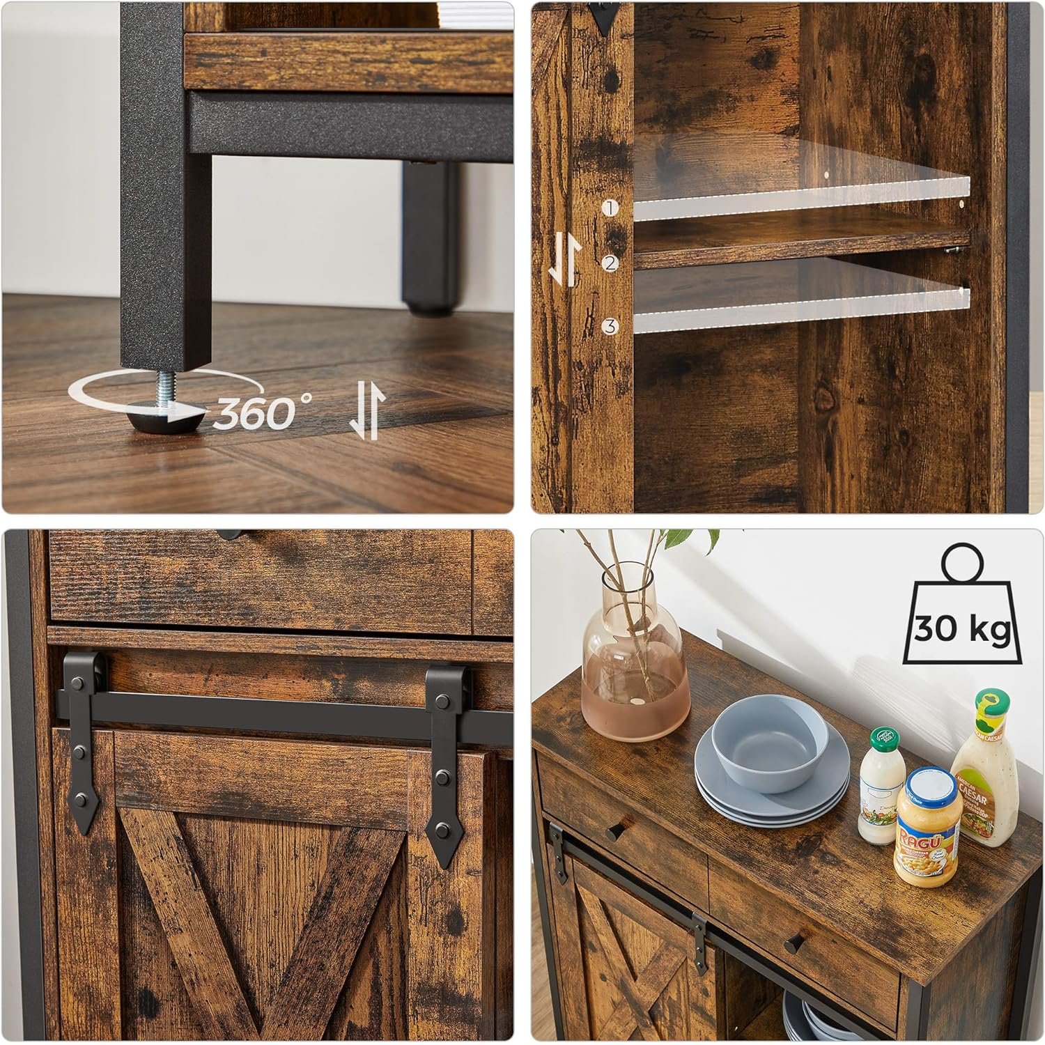 Comodă Vasagle EZ-LSC100B01 – sertar și ușă glisantă, rafturi reglabile, maro rustic și negru - imagine 6