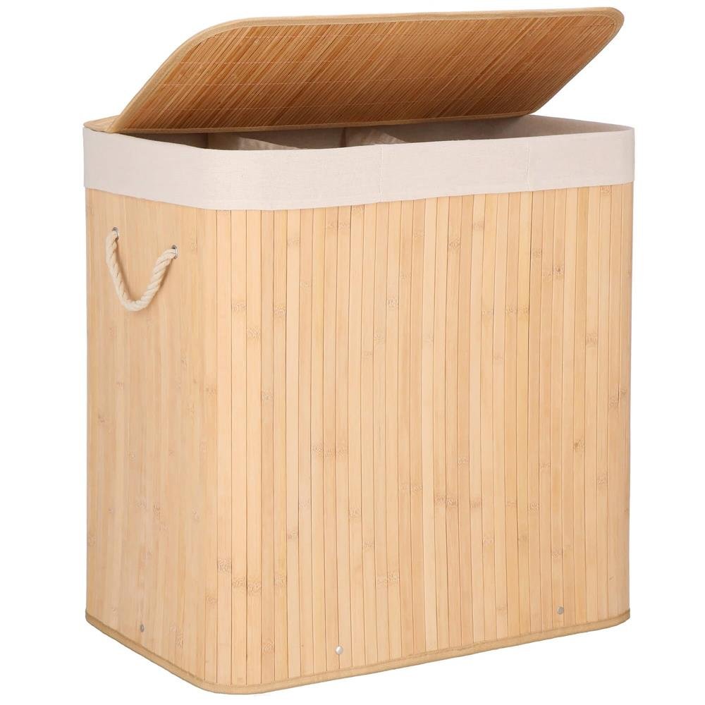 Coș de rufe din bambus cu sac detașabil lavabil – 150 L, 3 compartimente, maro
