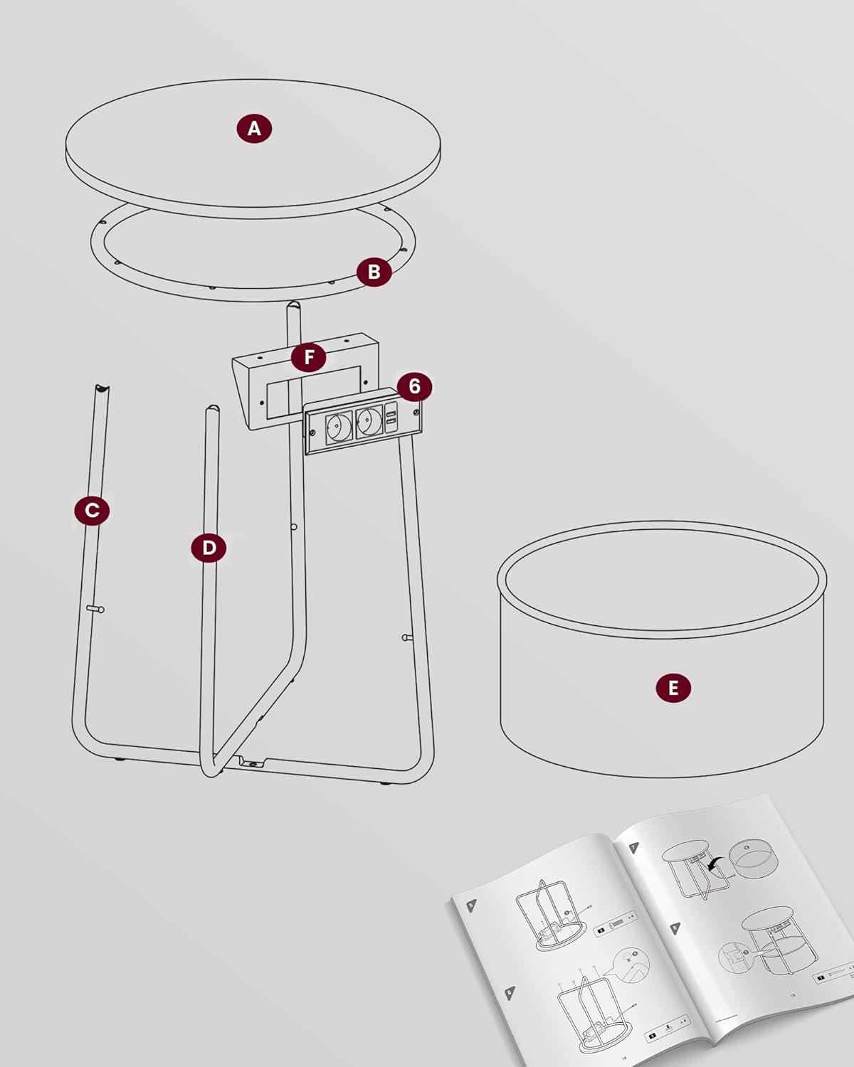 Măsuță de cafea rotundă Vasagle cu coș din stofă, 2 prize și 2 porturi USB – 45 × 50 cm, gri argintiu - imagine 7