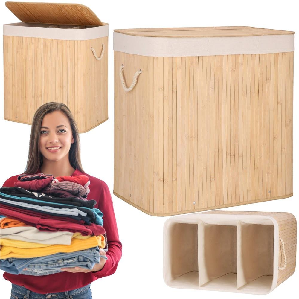 Coș de rufe din bambus cu sac detașabil lavabil – 150 L, 3 compartimente, maro - imagine 5