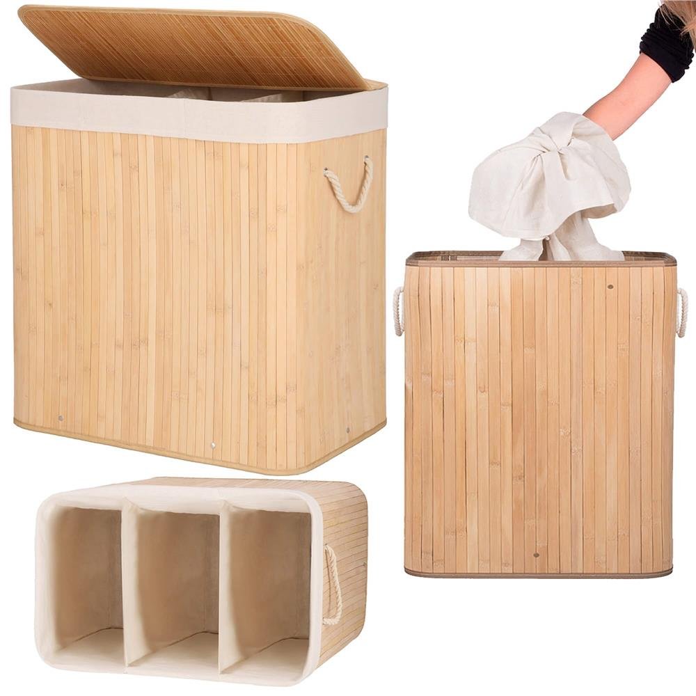 Coș de rufe din bambus cu sac detașabil lavabil – 150 L, 3 compartimente, maro - imagine 6