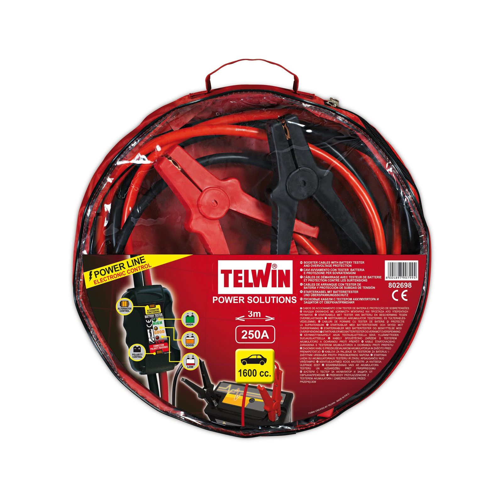 Telwin, Kit cabluri de pornire auto 250 A | Telwin 802698 | Lungime 3 m | Secțiune 16 mm² | Control electronic