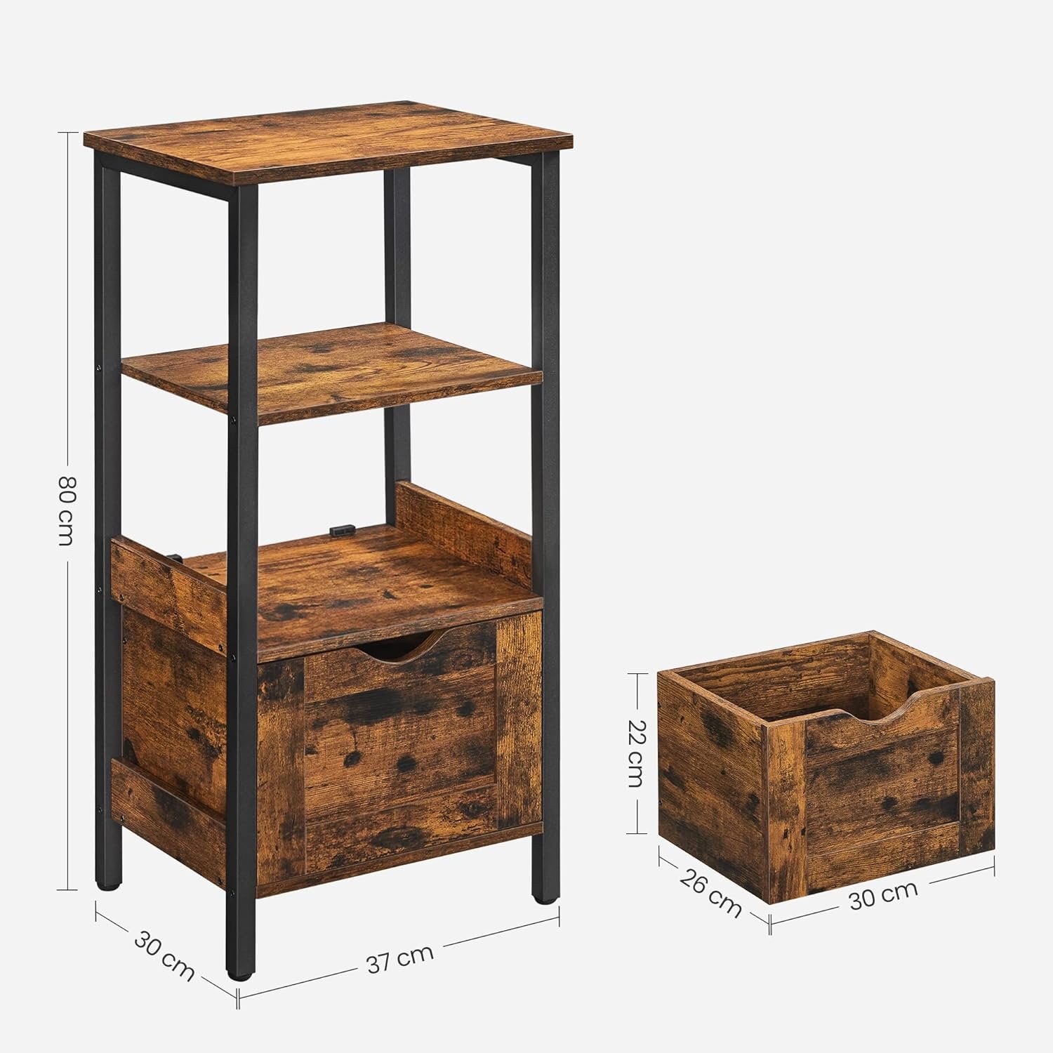 Noptieră înaltă Vasagle cu 2 sertare reglabile – 37 × 30 × 80 cm, maro rustic - imagine 8