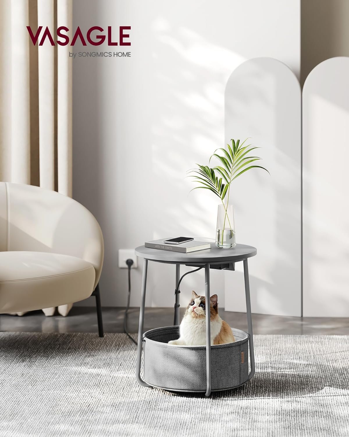 Măsuță de cafea rotundă Vasagle cu coș din stofă, 2 prize și 2 porturi USB – 45 × 50 cm, gri argintiu - imagine 8