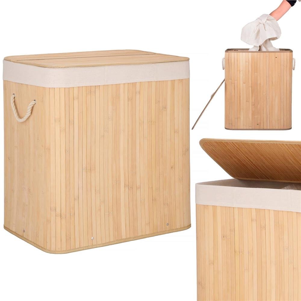 Coș de rufe din bambus cu sac detașabil lavabil – 150 L, 3 compartimente, maro - imagine 7