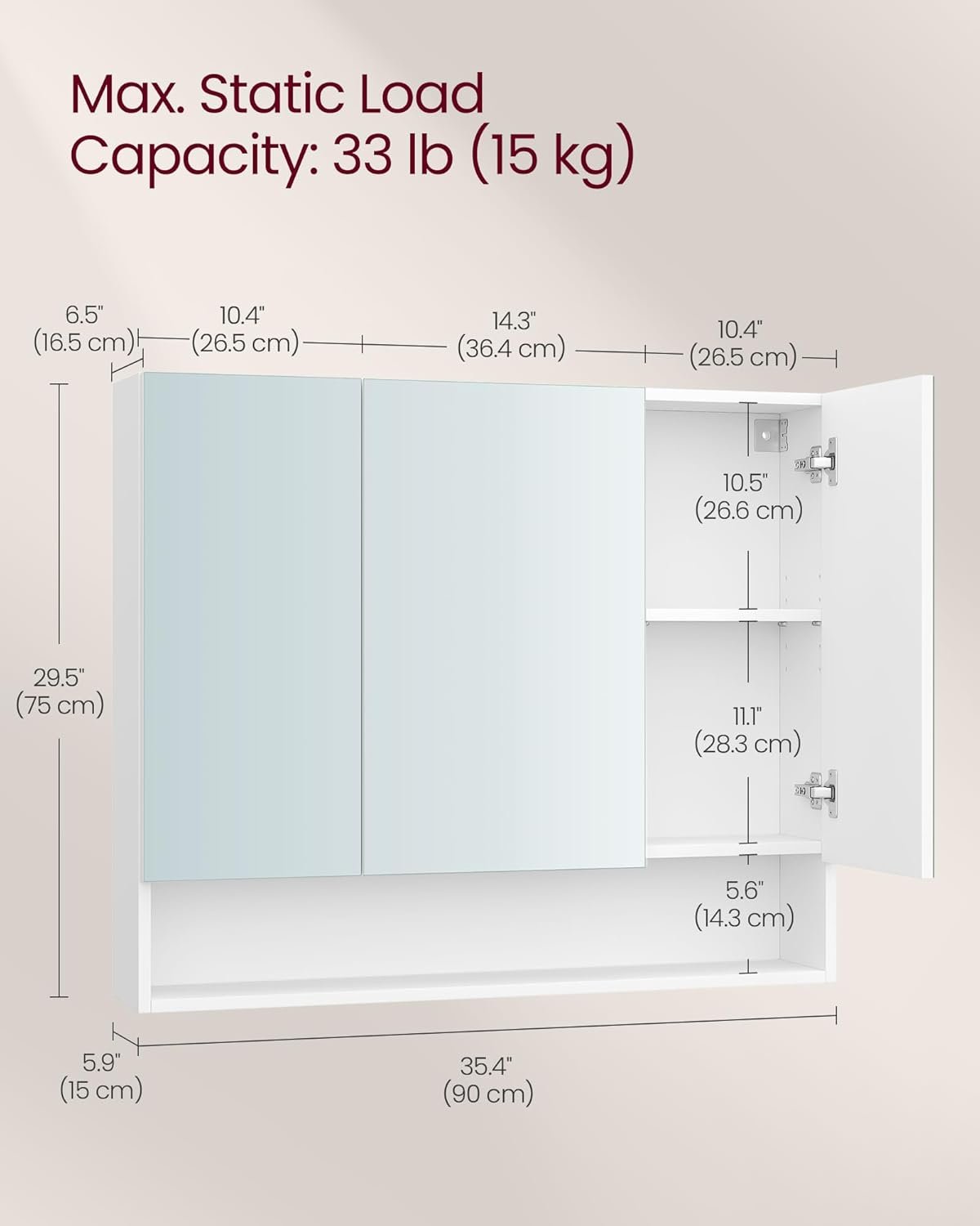 Dulap baie cu oglindă Vasagle BBK130W01 – suspendat, 3 uși, alb - imagine 3