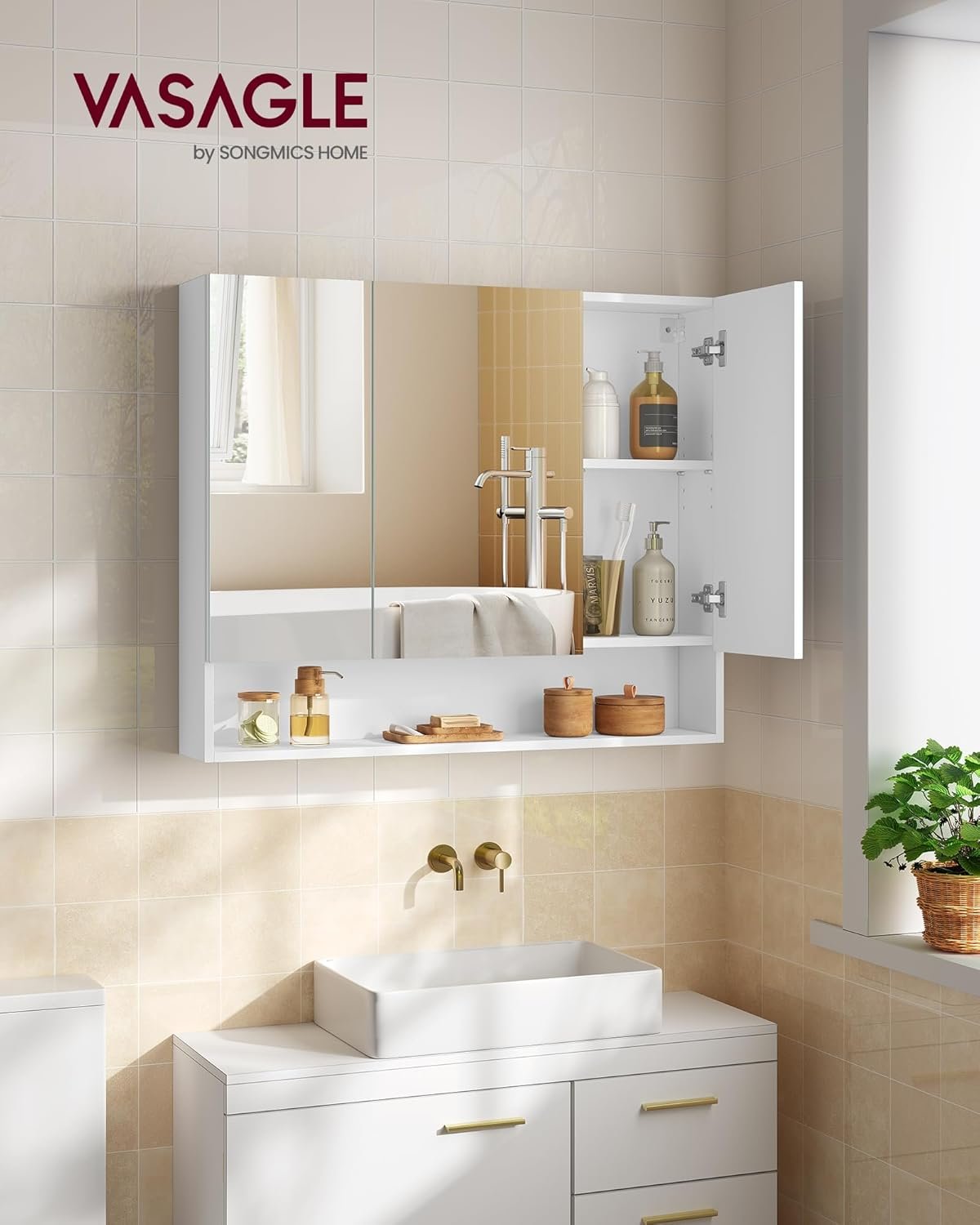 Dulap baie cu oglindă Vasagle BBK130W01 – suspendat, 3 uși, alb - imagine 6