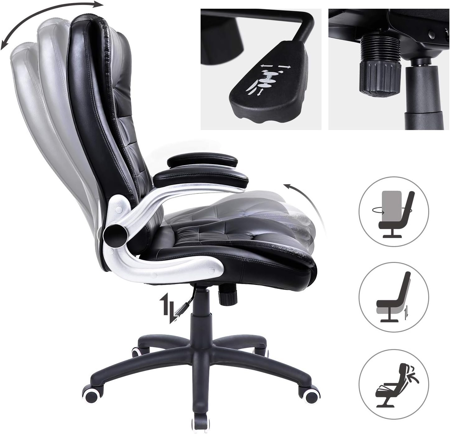 Scaun de birou ergonomic Songmics OBG51B – cu tetieră, spătar înalt, brațe rabatabile, negru - imagine 2