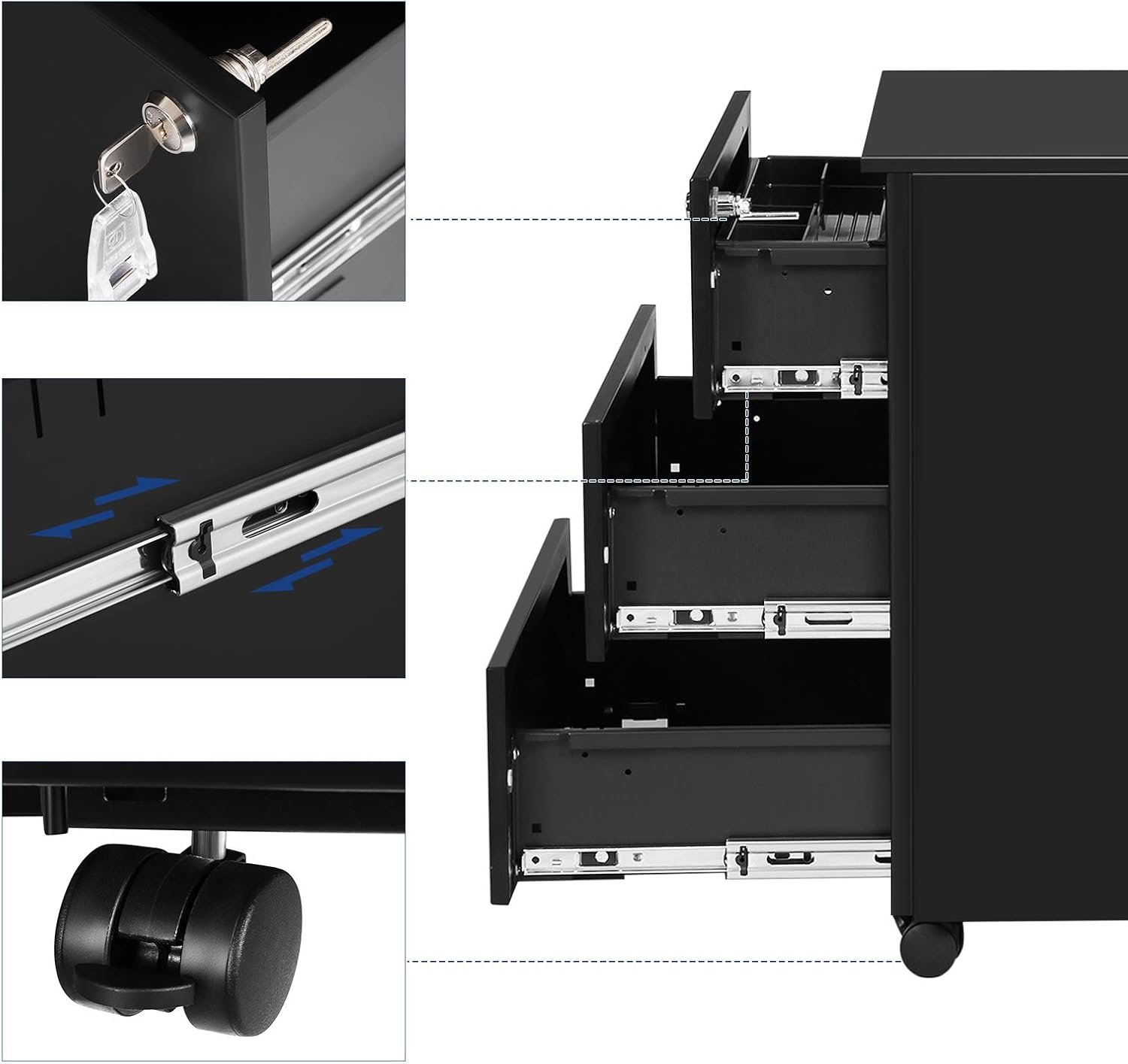 Dulap mobil rollbox Songmics cu 3 sertare pentru documente – oțel, preasamblat, negru - imagine 6