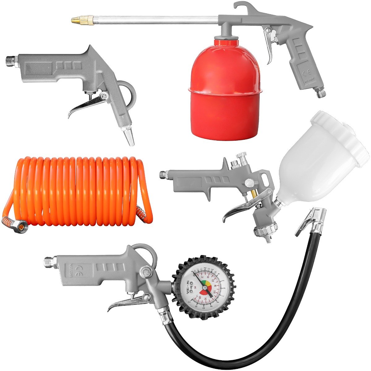 Set 5 accesorii compresor DKD – pistol de suflat, spălat, vopsit, umflat pneuri și furtun