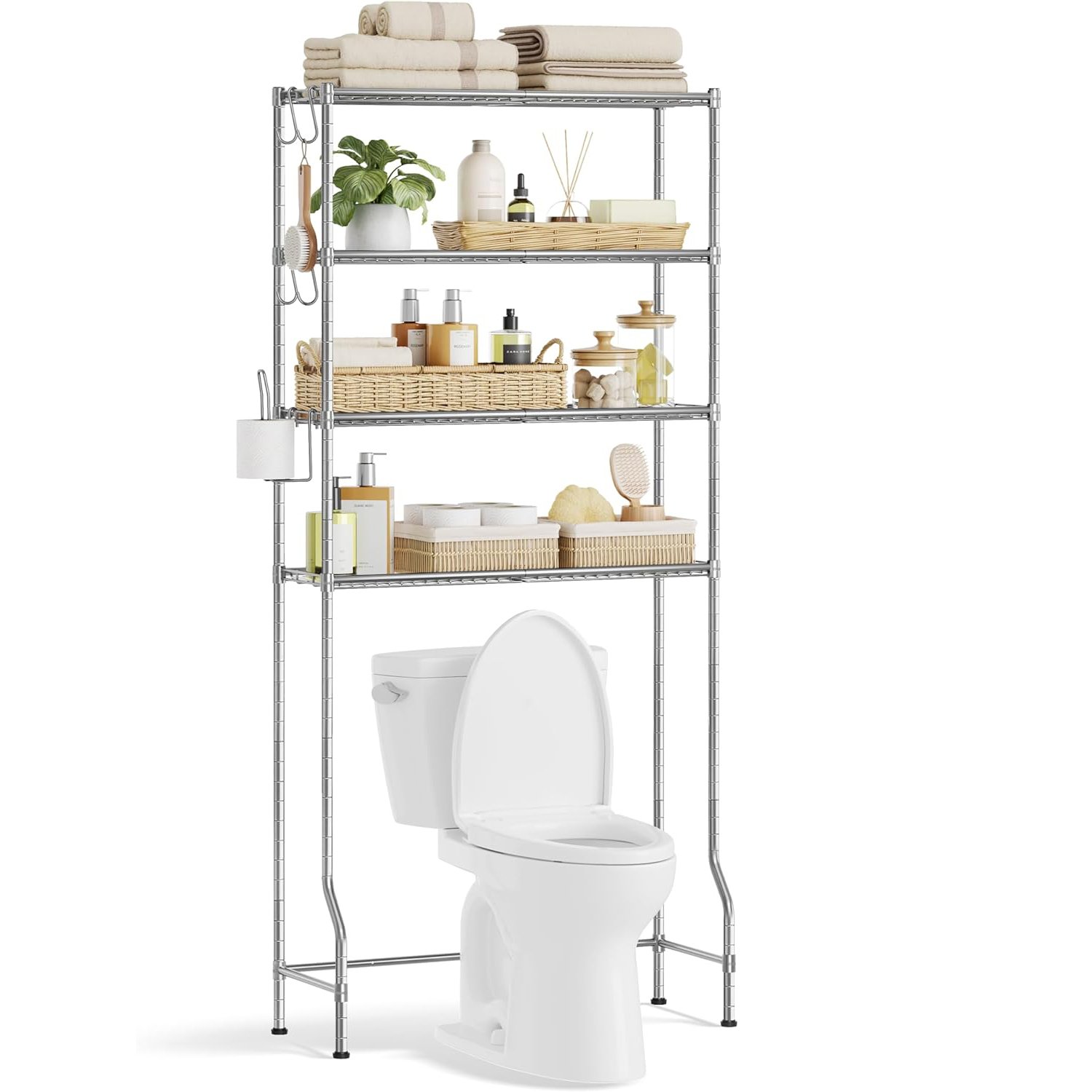 Raft de baie Songmics BTS023G01 – 4 niveluri, peste WC sau mașină de spălat, argintiu
