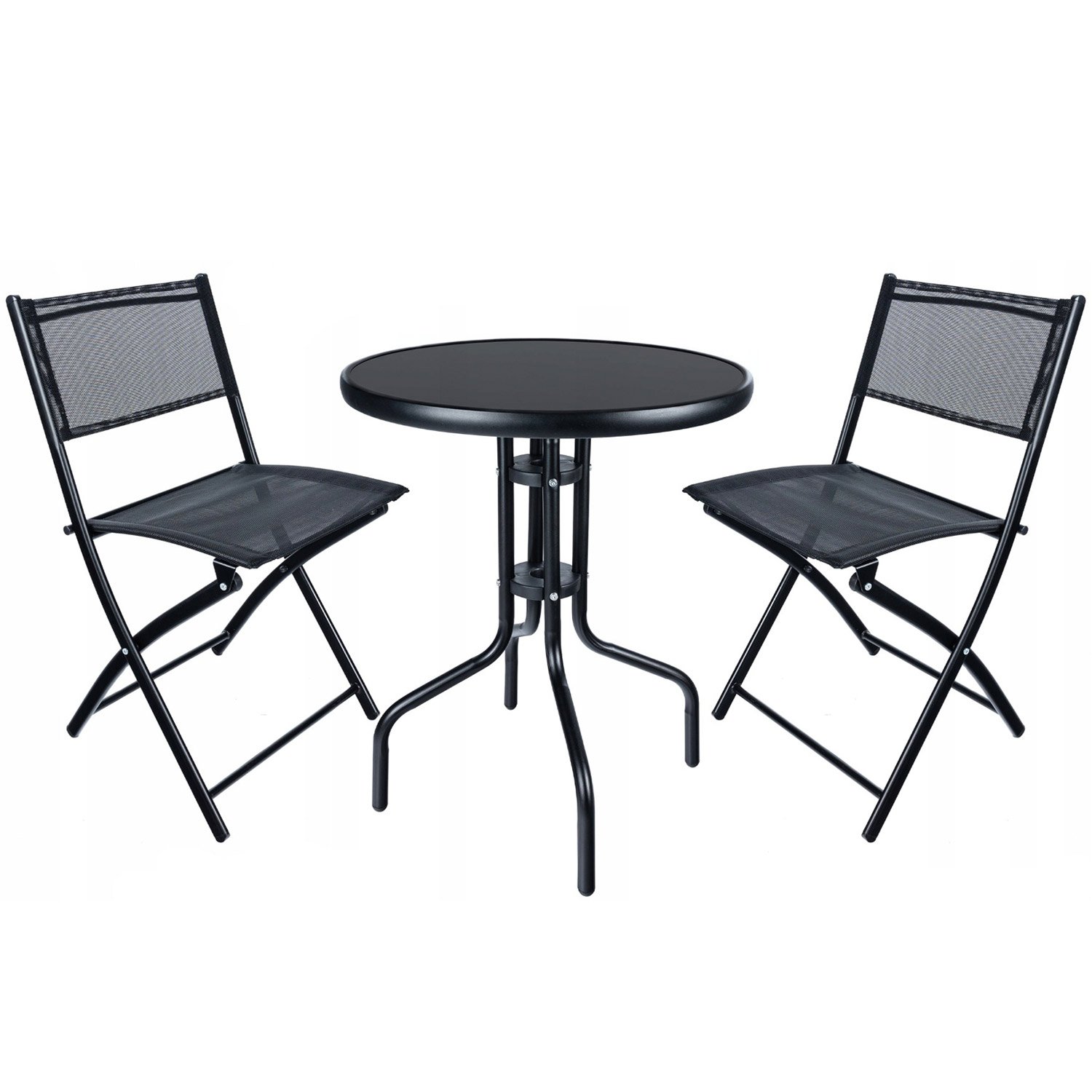 Set mobilier grădină Oneiro GO-O15A – masă cu blat de sticlă și 2 scaune pliabile, negru