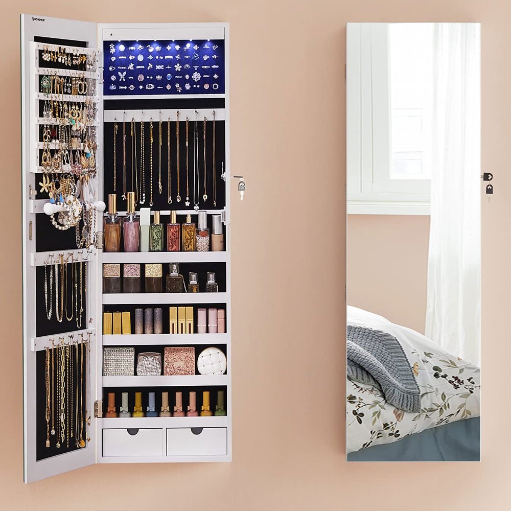 Dulap pentru bijuterii Songmics JJC99WT – oglindă, 6 LED-uri, de perete, alb