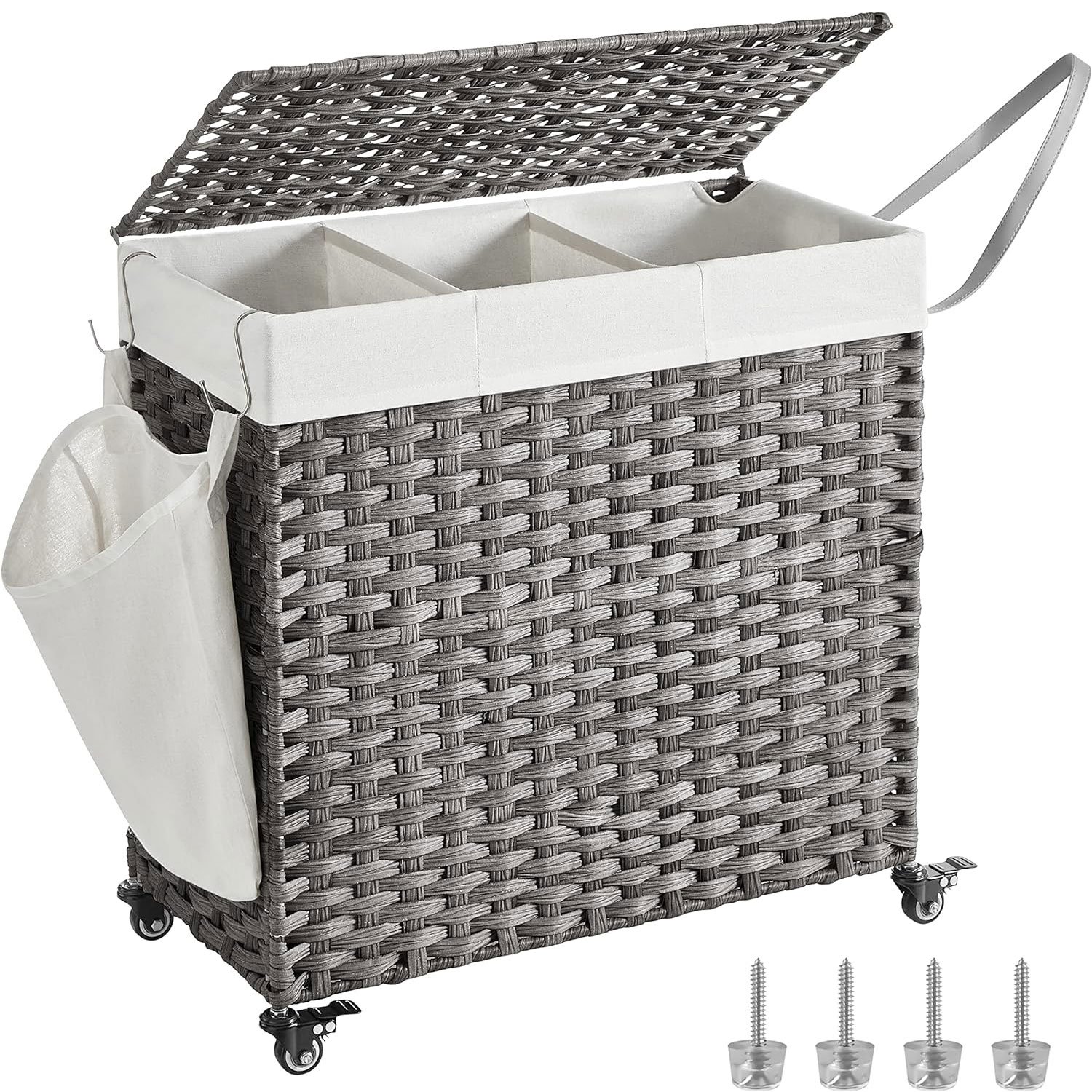 Coș de rufe Songmics LCB363G01 – 3 compartimente, ratan, 140 litri, gri