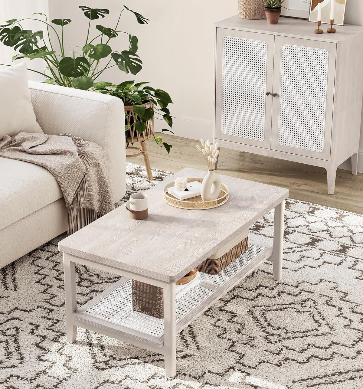 Măsuță de cafea Vasagle LCT240K66 – MDF, cu depozitare pe 2 nivele, stil boho, bej - imagine 2
