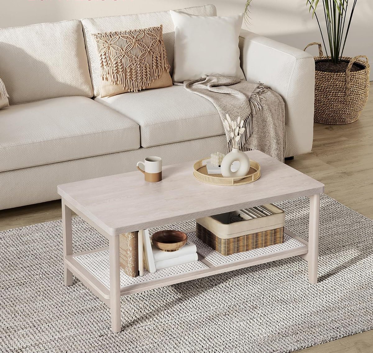 Măsuță de cafea Vasagle LCT240K66 – MDF, cu depozitare pe 2 nivele, stil boho, bej - imagine 3