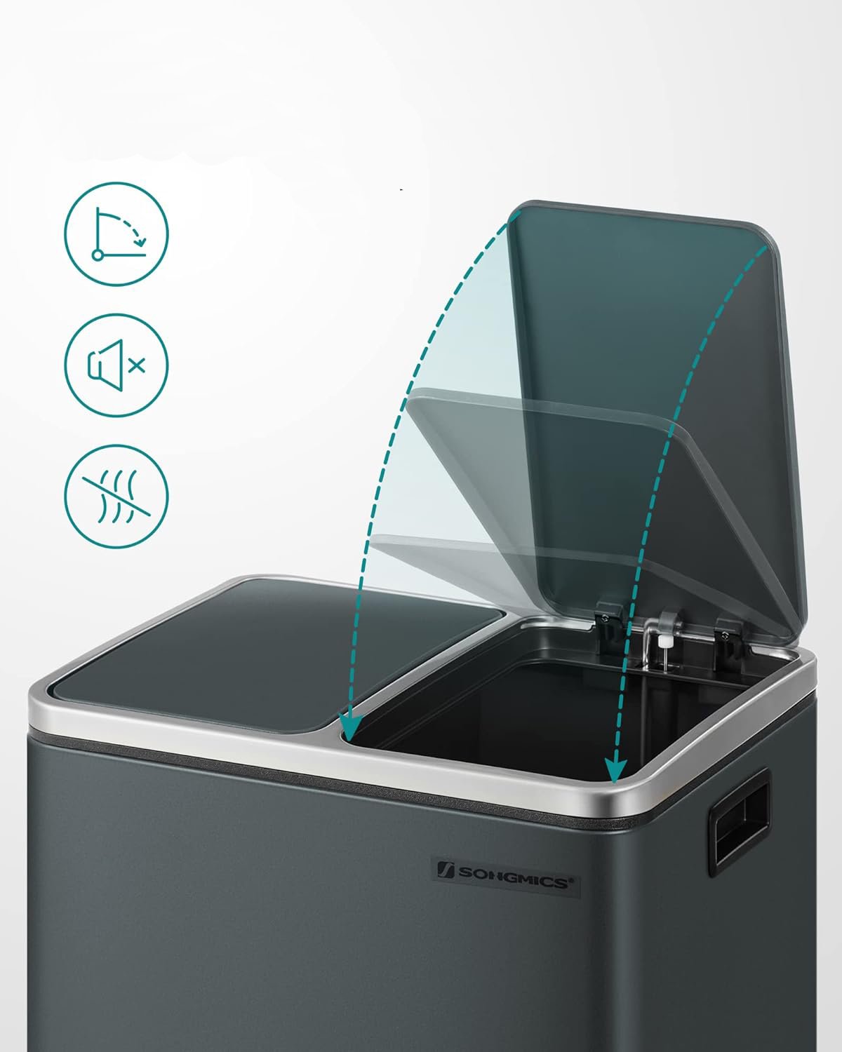Coș de gunoi Songmics LTB30GS – inox, 2 compartimente de 15 L pentru colectare selectivă, gri - imagine 7