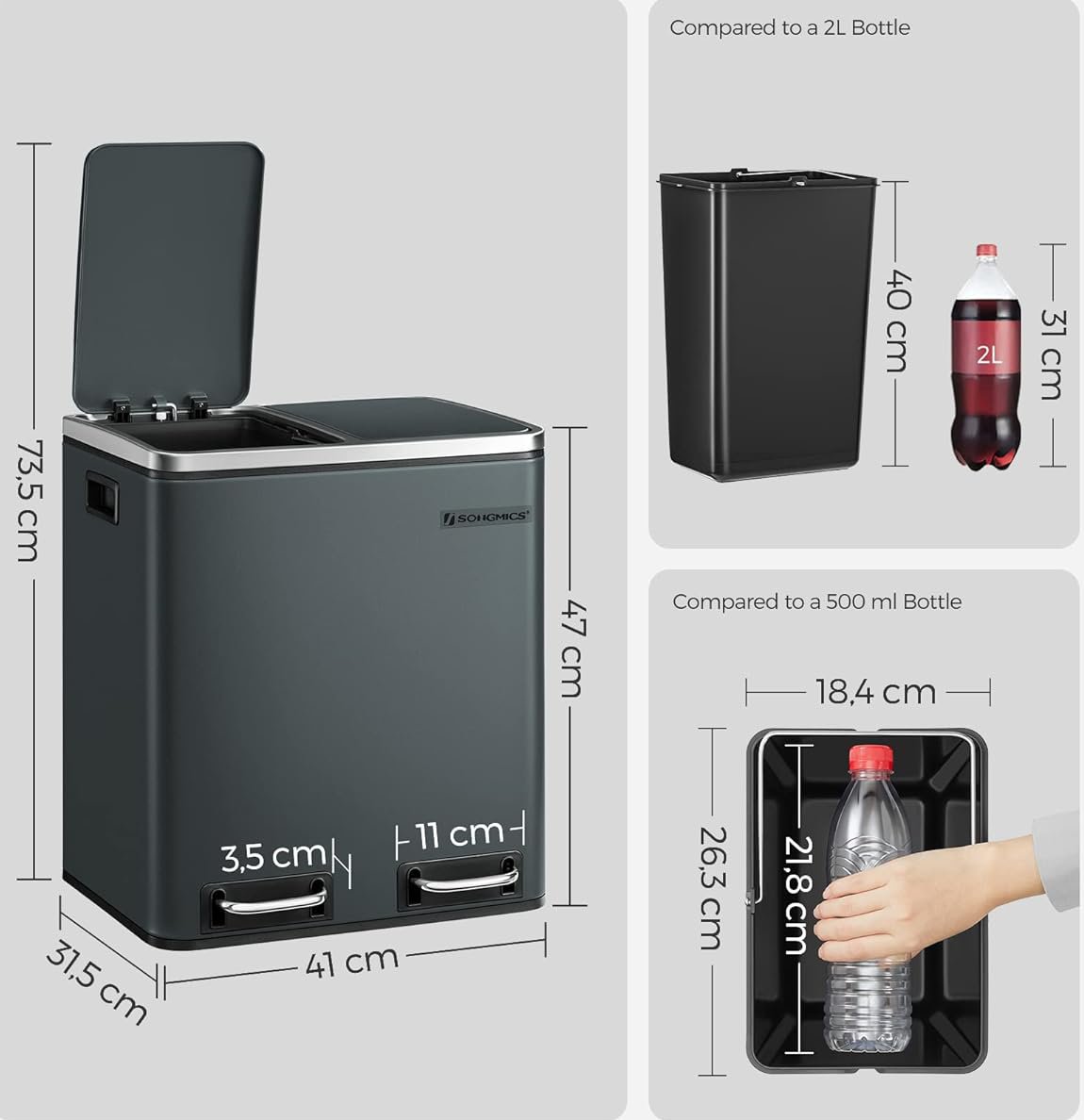 Coș de gunoi Songmics LTB30GS – inox, 2 compartimente de 15 L pentru colectare selectivă, gri - imagine 8