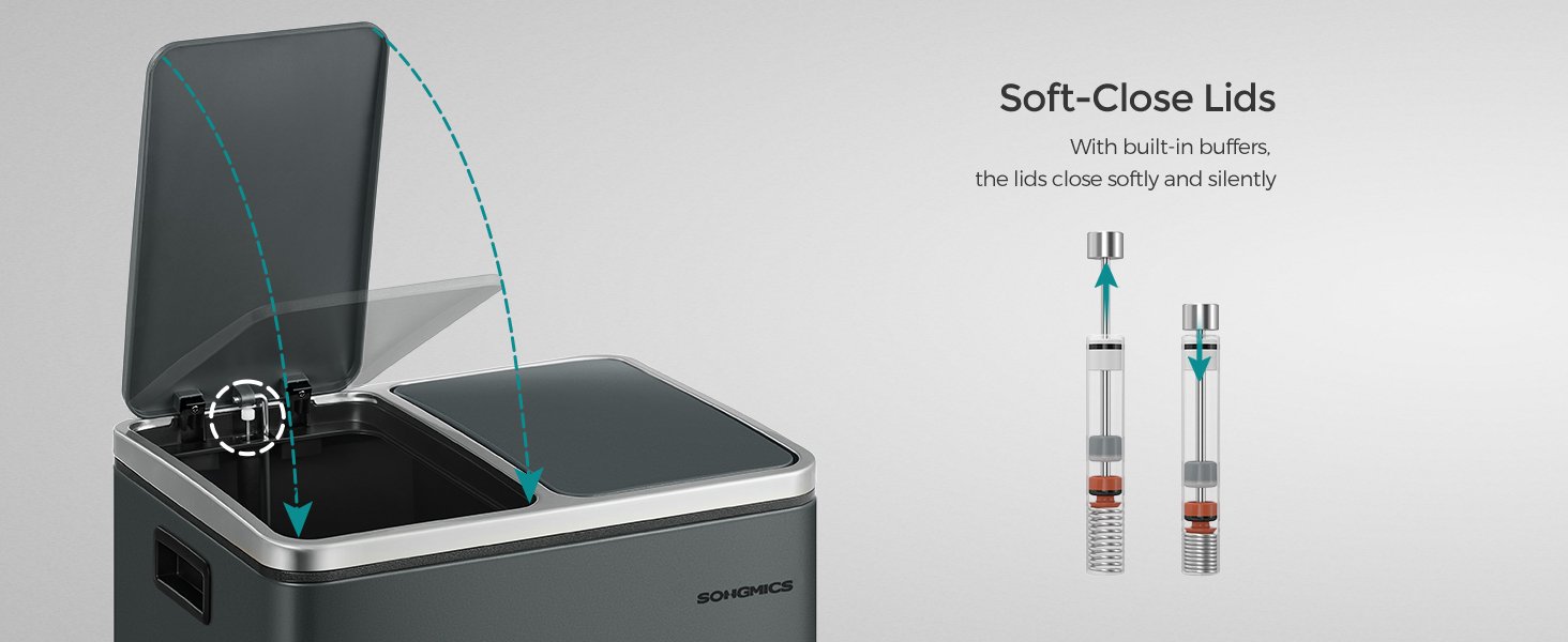 Coș de gunoi Songmics LTB30GS – inox, 2 compartimente de 15 L pentru colectare selectivă, gri - imagine 2