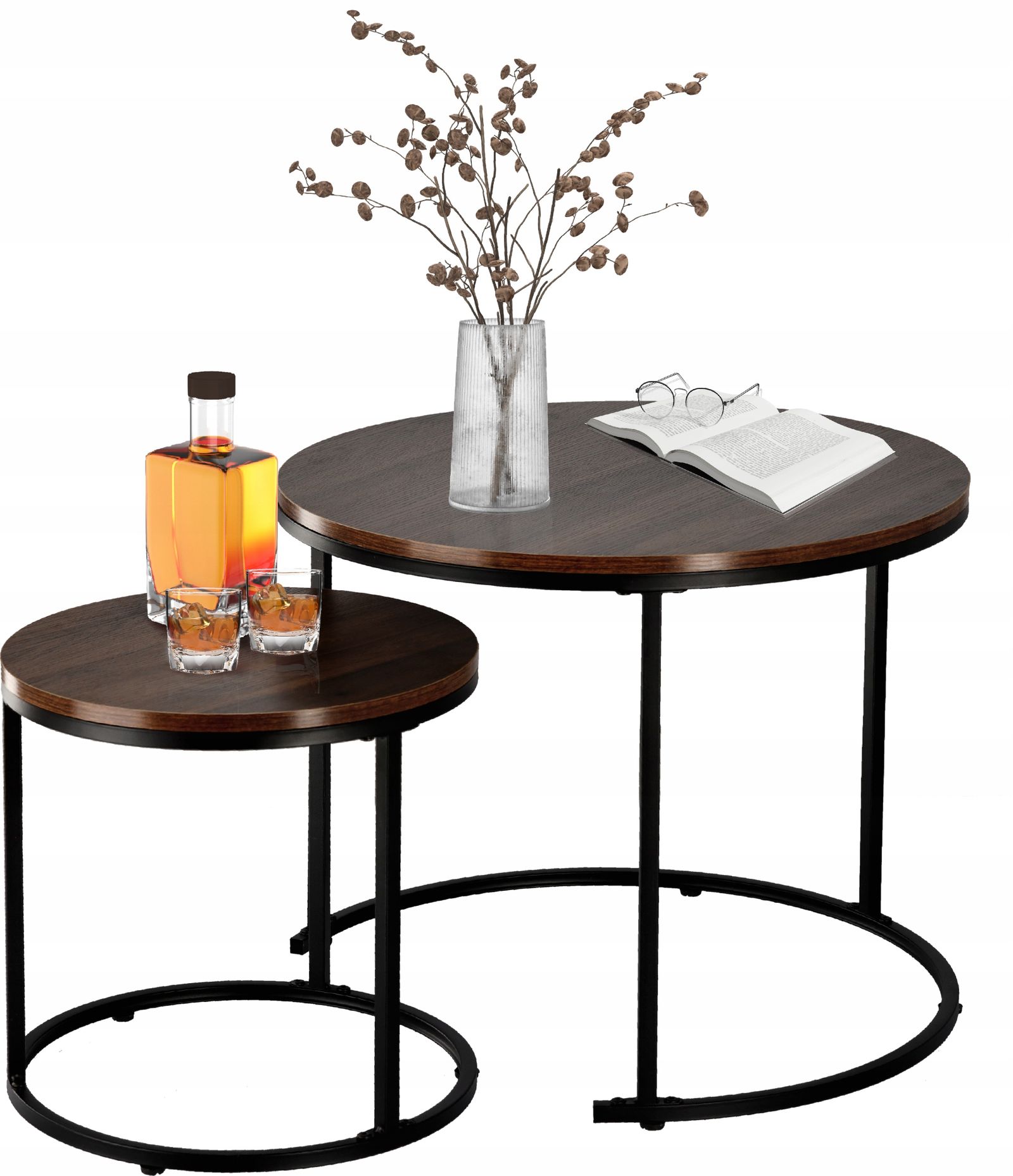 Set 2 mese pentru cafea din MDF și oțel – 60 × 60 × 50 cm și 40 × 40 × 40 cm, maro - imagine 2
