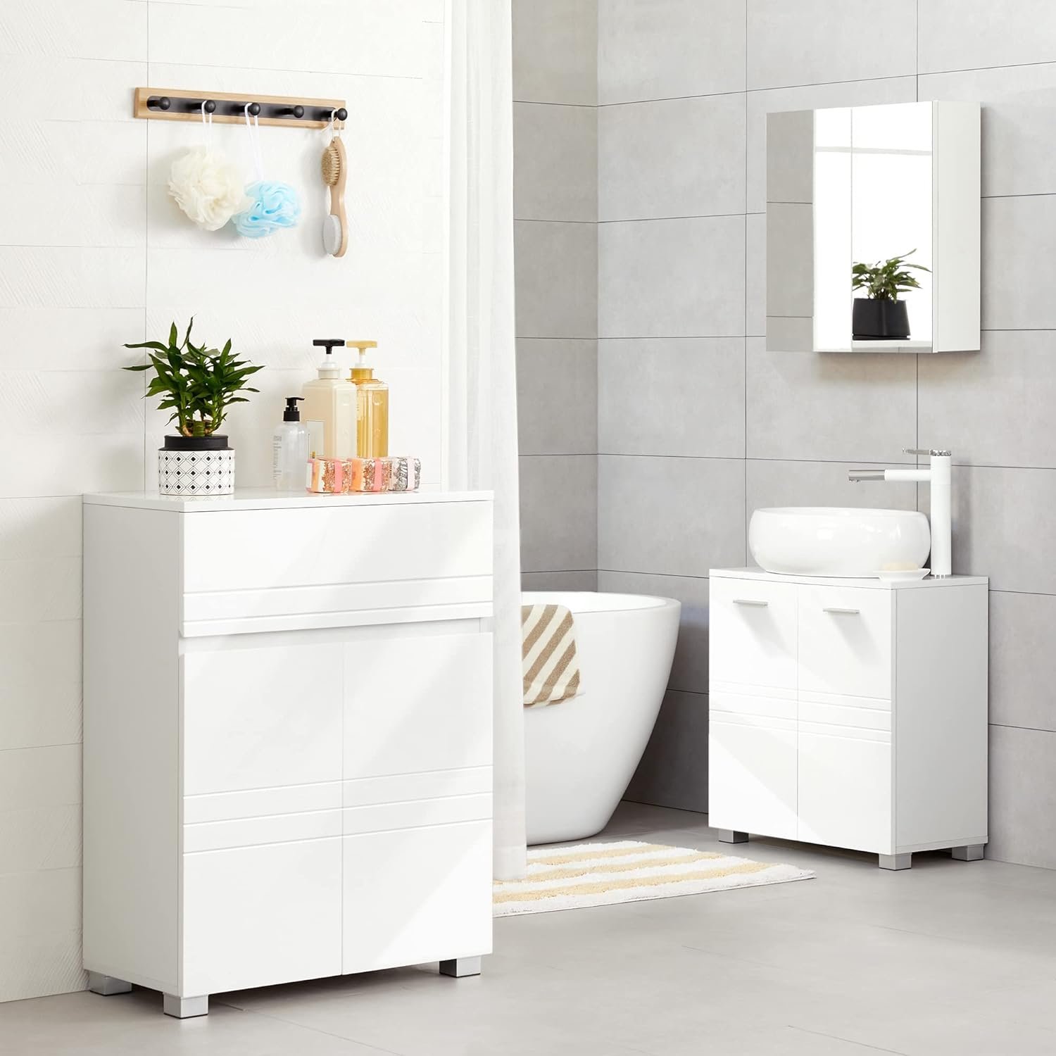 Dulap baie de podea Vasagle BBK140W01 – sertar, ușă dublă, poliță reglabilă, alb - imagine 2