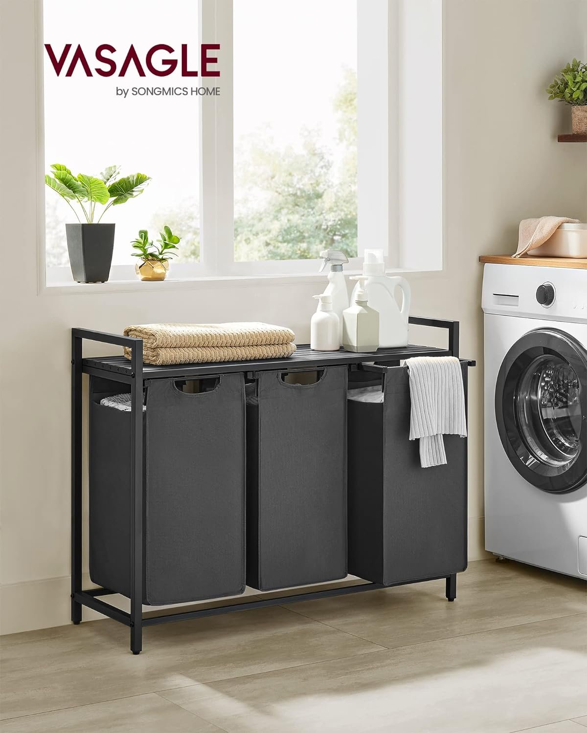 Coș de rufe Vasagle BLH301G01 – 3 compartimente, saci detașabili, raft, negru - imagine 2
